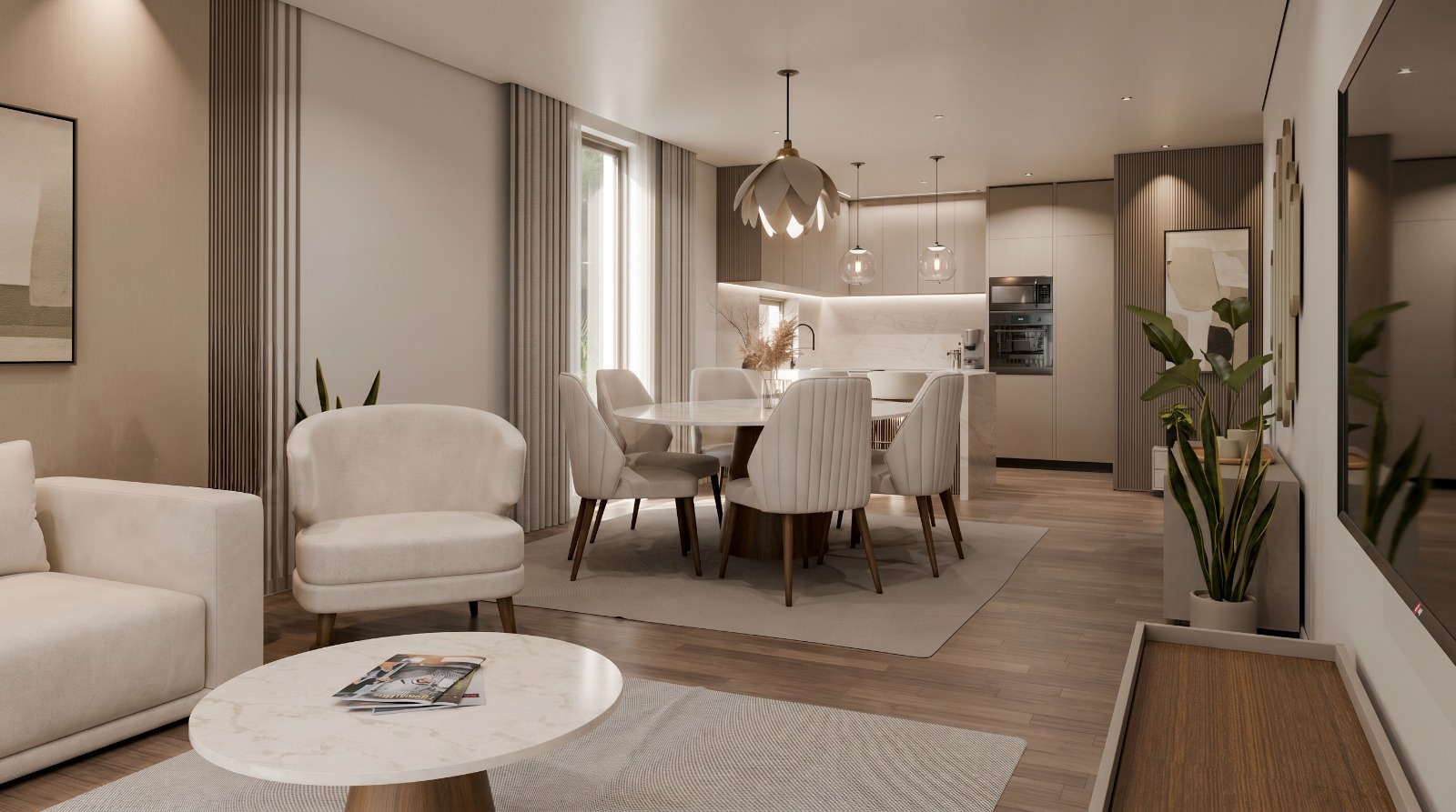 Living e dining area com acabamentos em tons neutros