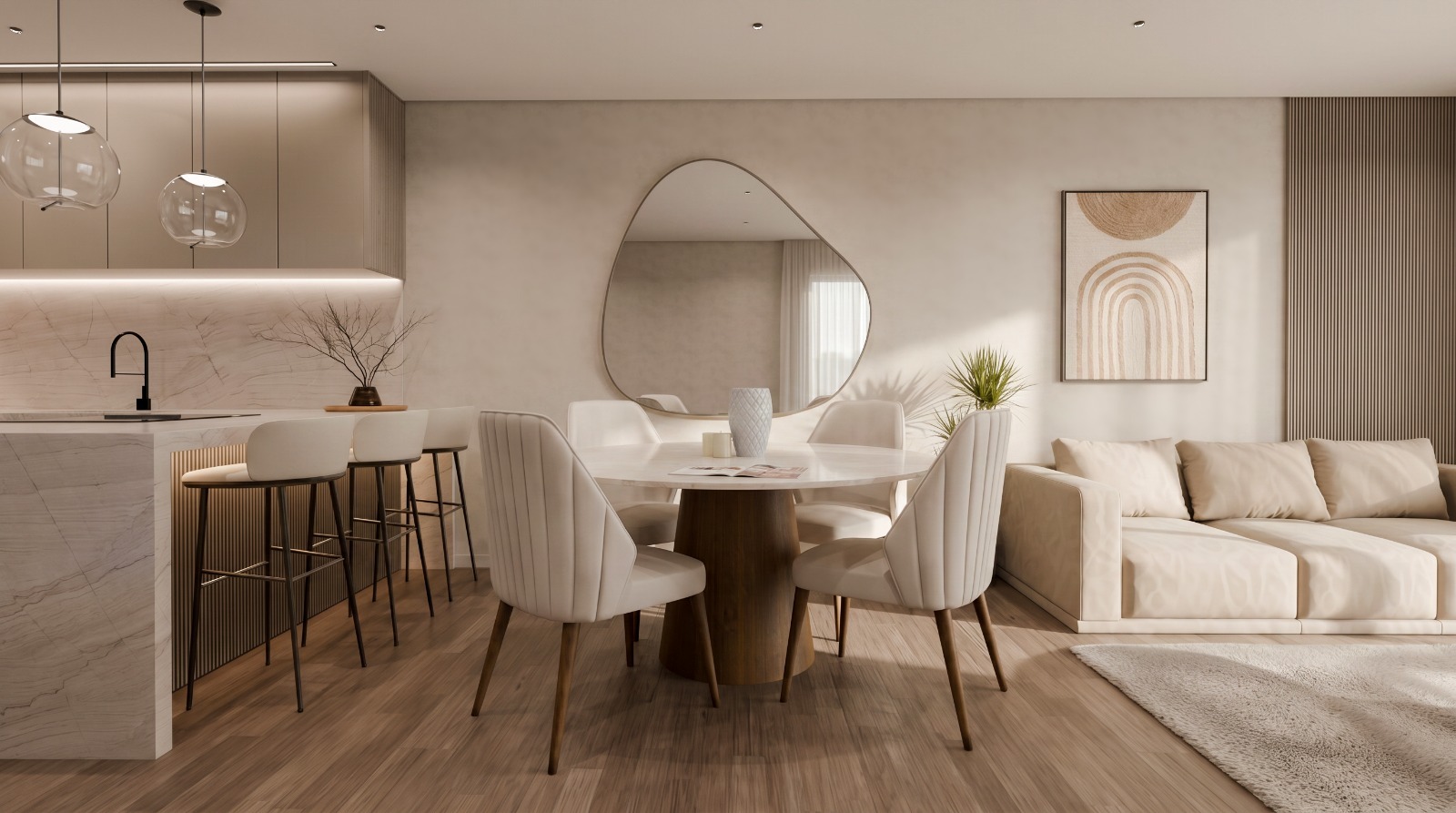 Sala, jantar e cozinha em open space