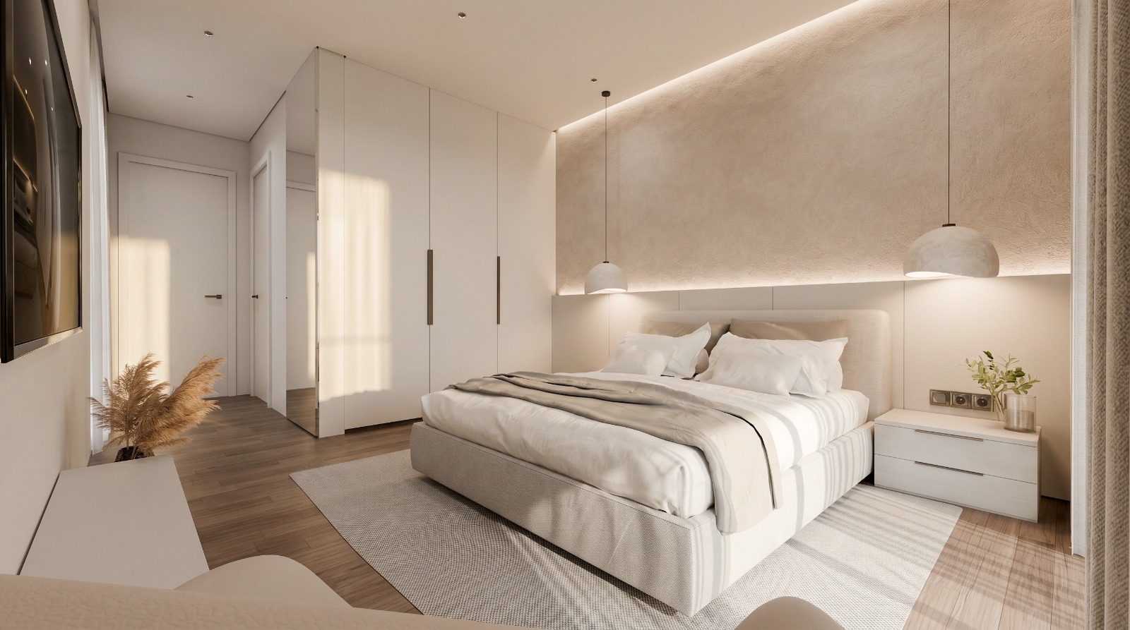 Quarto com roupeiros embutidos e iluminação indireta
