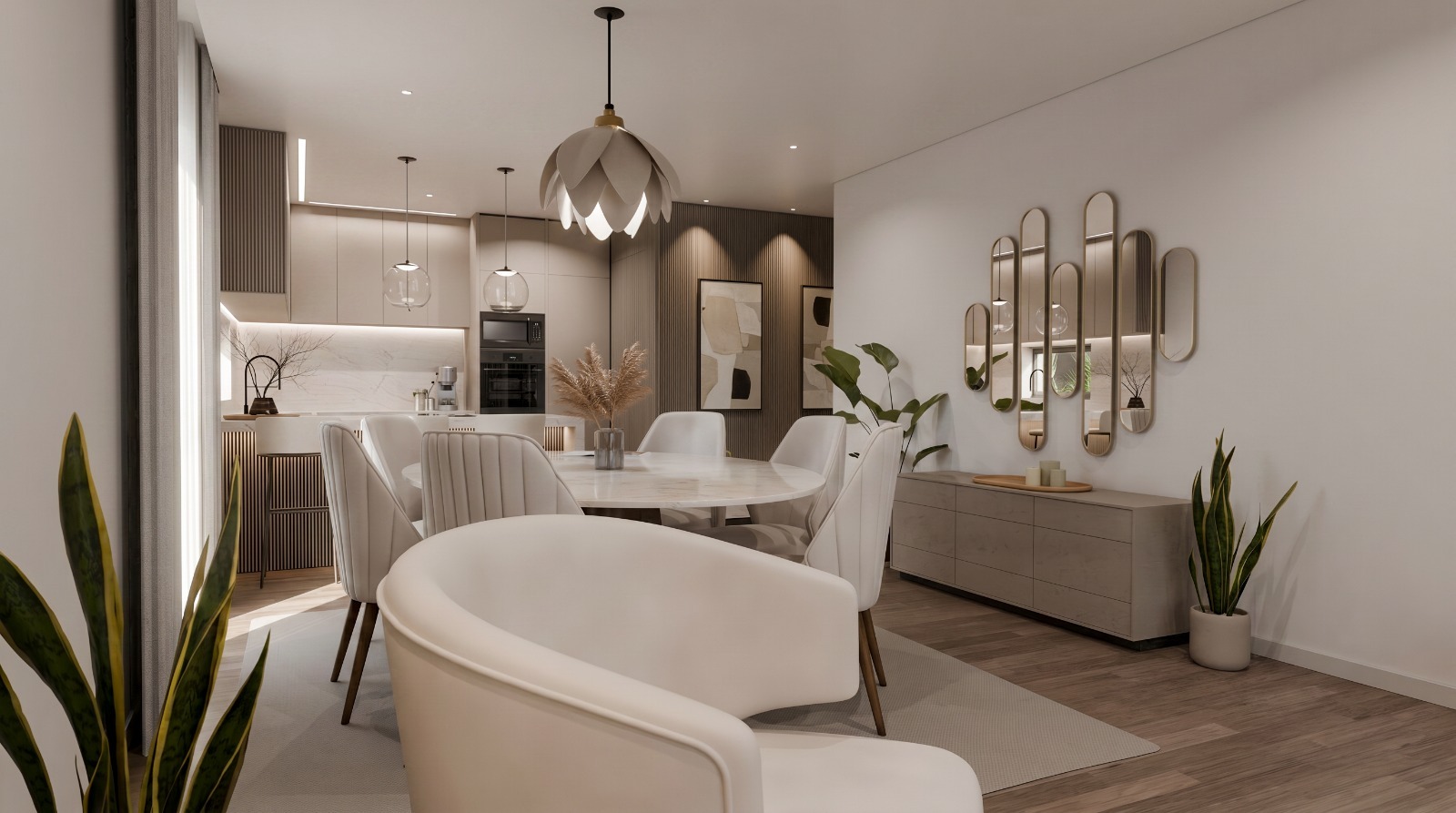 Sala e cozinha integradas com iluminação natural