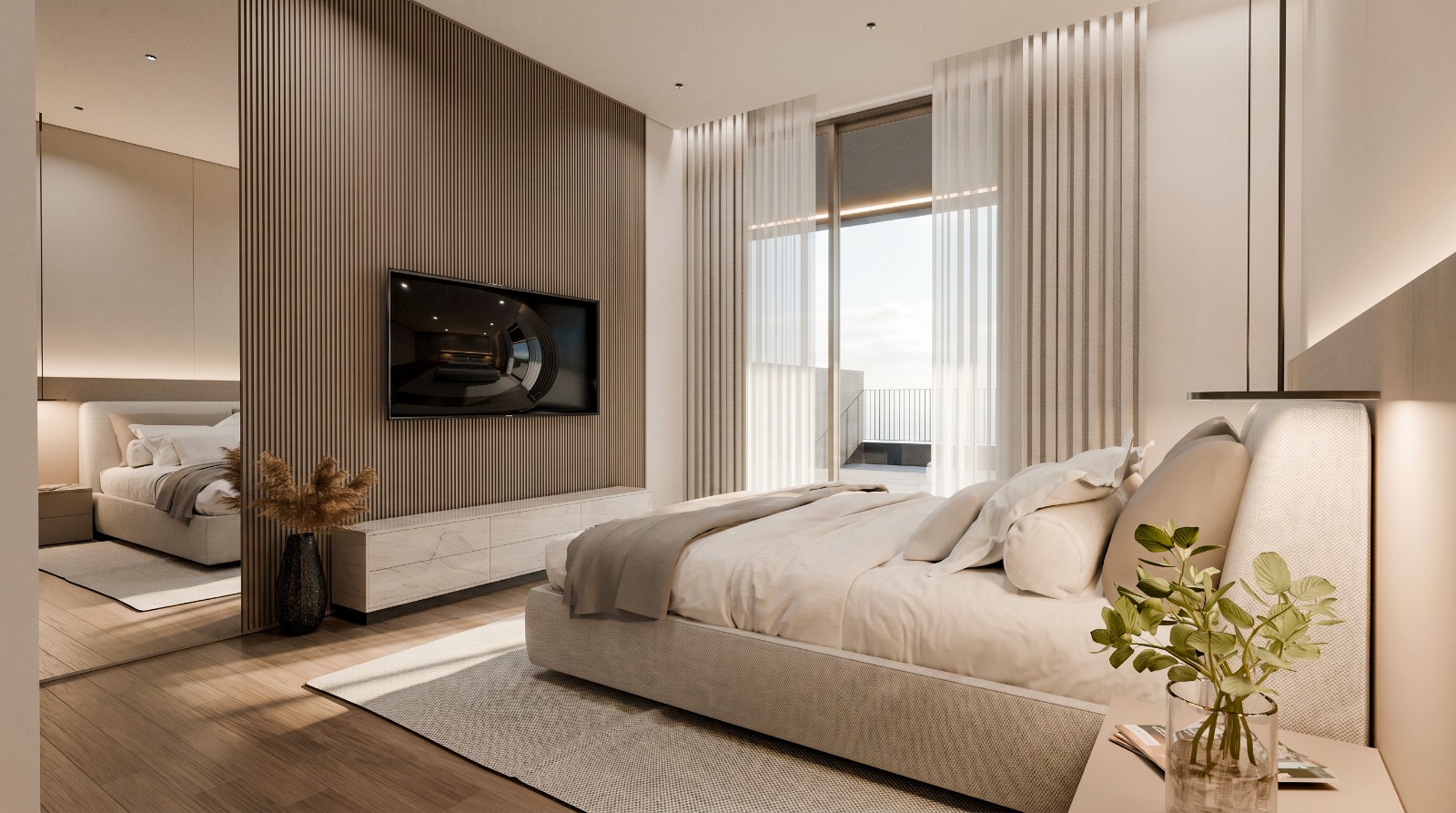 Suite com painel ripado e acesso ao terraço